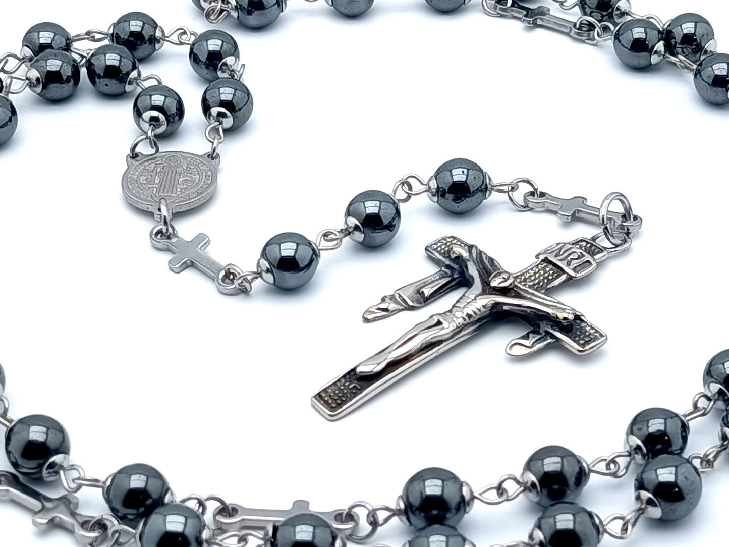 Saint Benedict unique rosary beads with stainless steel and hematite beads, stainless steel crucifix and centre medal.