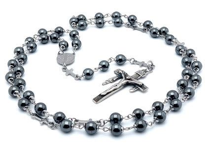 Saint Benedict unique rosary beads with stainless steel and hematite beads, stainless steel crucifix and centre medal.