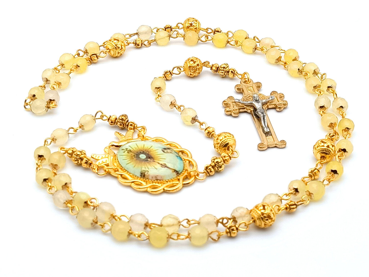 Blessed Sacrament unique rosary beads with yellow agate and golden beads, golden crucifix and picture centre medal.