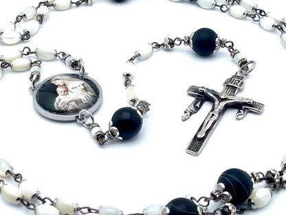 Virgin Mary unique rosary beads with mother of pearl and matt onyx beads, stainless steel crucifix and picture centre medal.