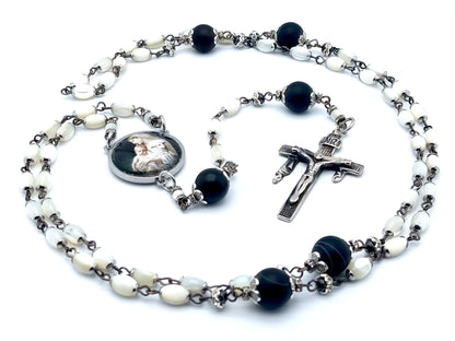 Virgin Mary unique rosary beads with mother of pearl and matt onyx beads, stainless steel crucifix and picture centre medal.
