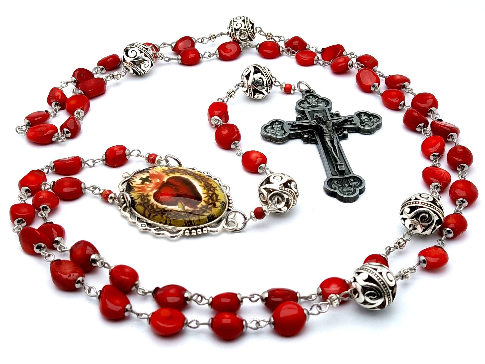 Sacred Heart of Jesus unique rosary beads with red gemstone beads, pewter crucifix and silver picture centre medal.