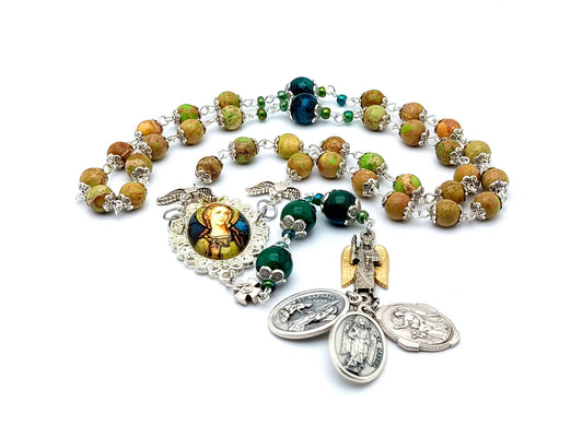 Archangel Gabriel unique rosary beads prayer chaplet with natural gemstone beads, silver picture centre medal and three Angel end medals.