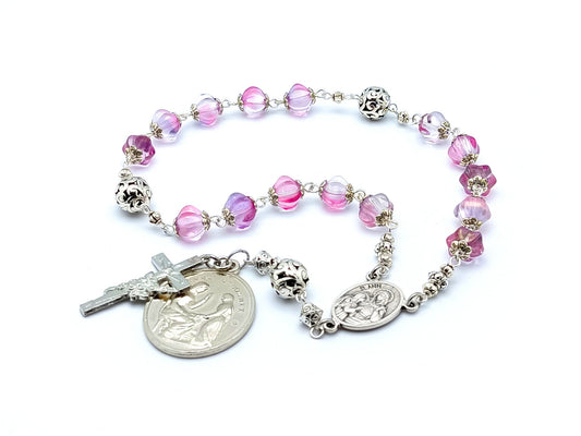 Saint Ann unique rosary beads prayer chaplet with pink glass and silver beads, silver floral crucifix and medals.