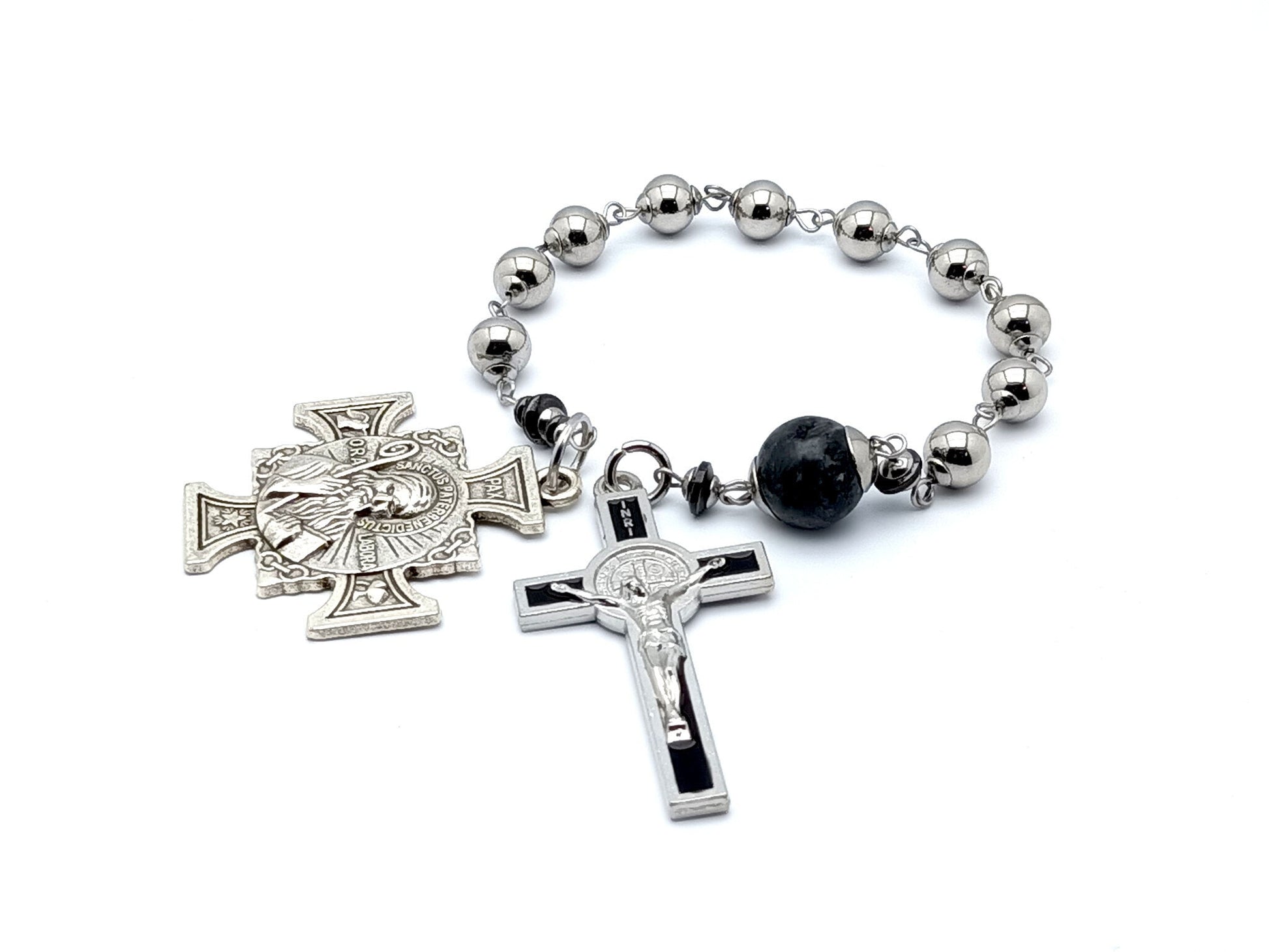 Saint Benedict unique rosary beads single decade rosary with stainless steel and gemstone beads, black enamel crucifix and silver end medal.