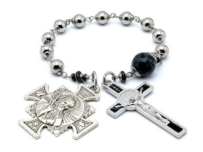 Saint Benedict unique rosary beads single decade rosary with stainless steel and gemstone beads, black enamel crucifix and silver end medal.