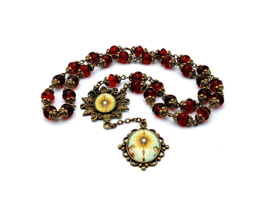 Blessed Sacrament unique rosary beads prayer chaplet with red nugget glass beads, bronze picture centre and end medals.