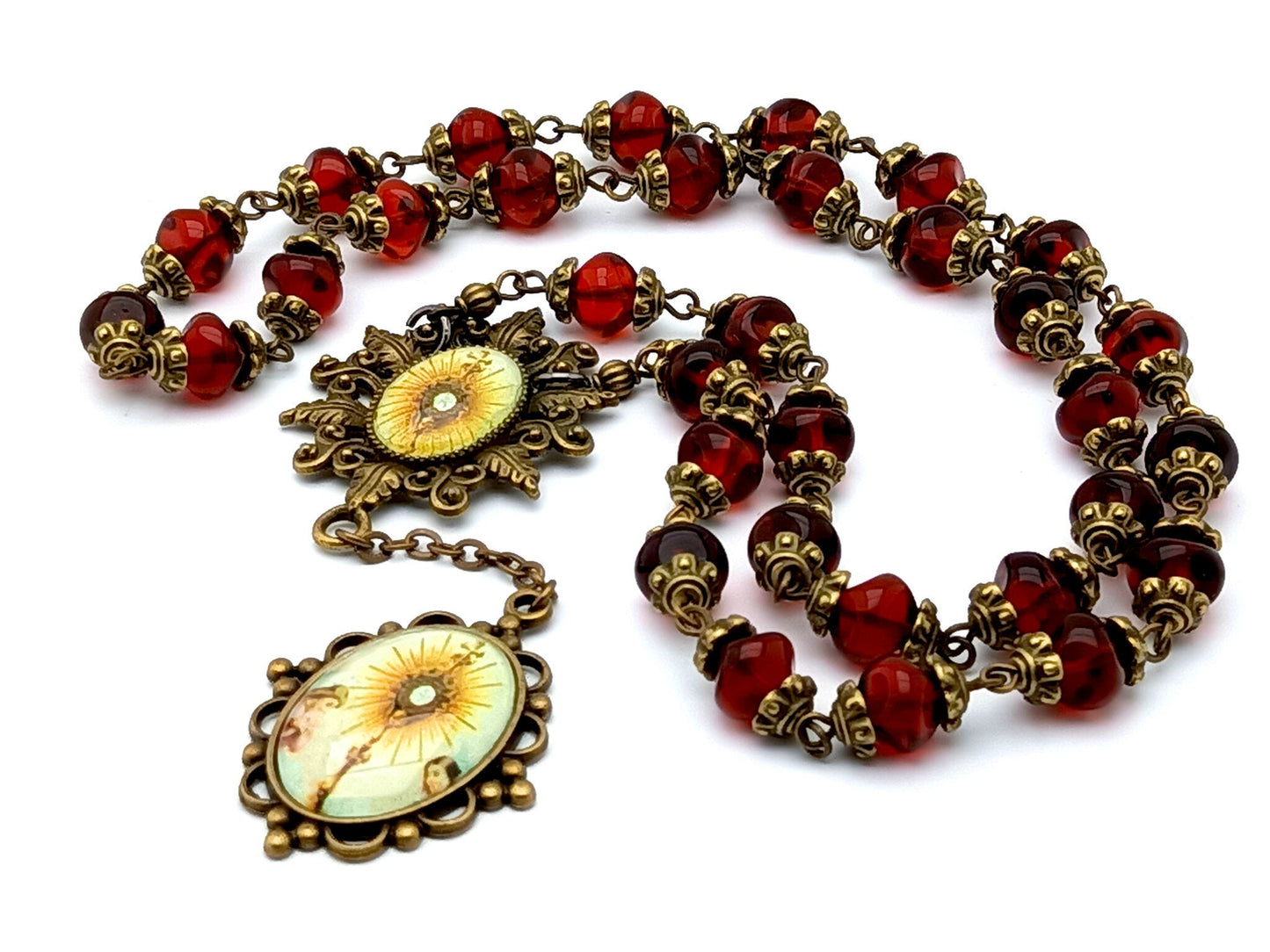 Blessed Sacrament unique rosary beads prayer chaplet with red nugget glass beads, bronze picture centre and end medals.