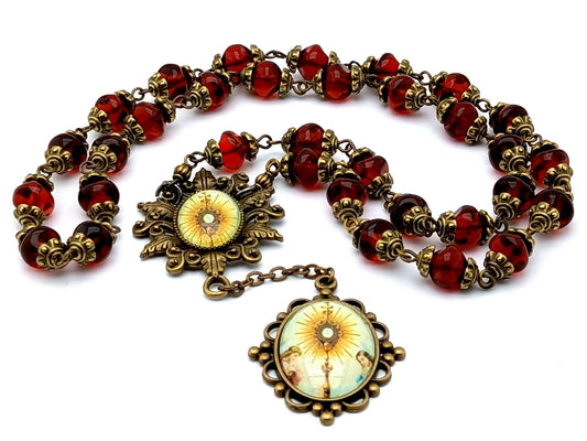 Blessed Sacrament unique rosary beads prayer chaplet with red nugget glass beads, bronze picture centre and end medals.