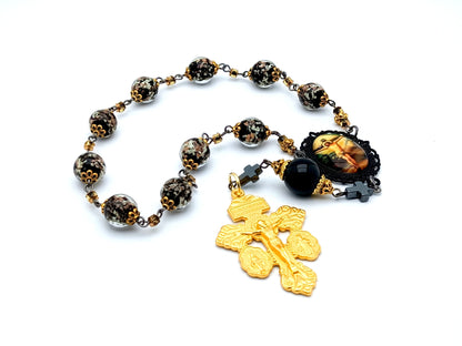 Crucifixion unique rosary beads single decade rosary with black and gold glow in the dark glass beads, golden pardon crucifix and picture centre medal.