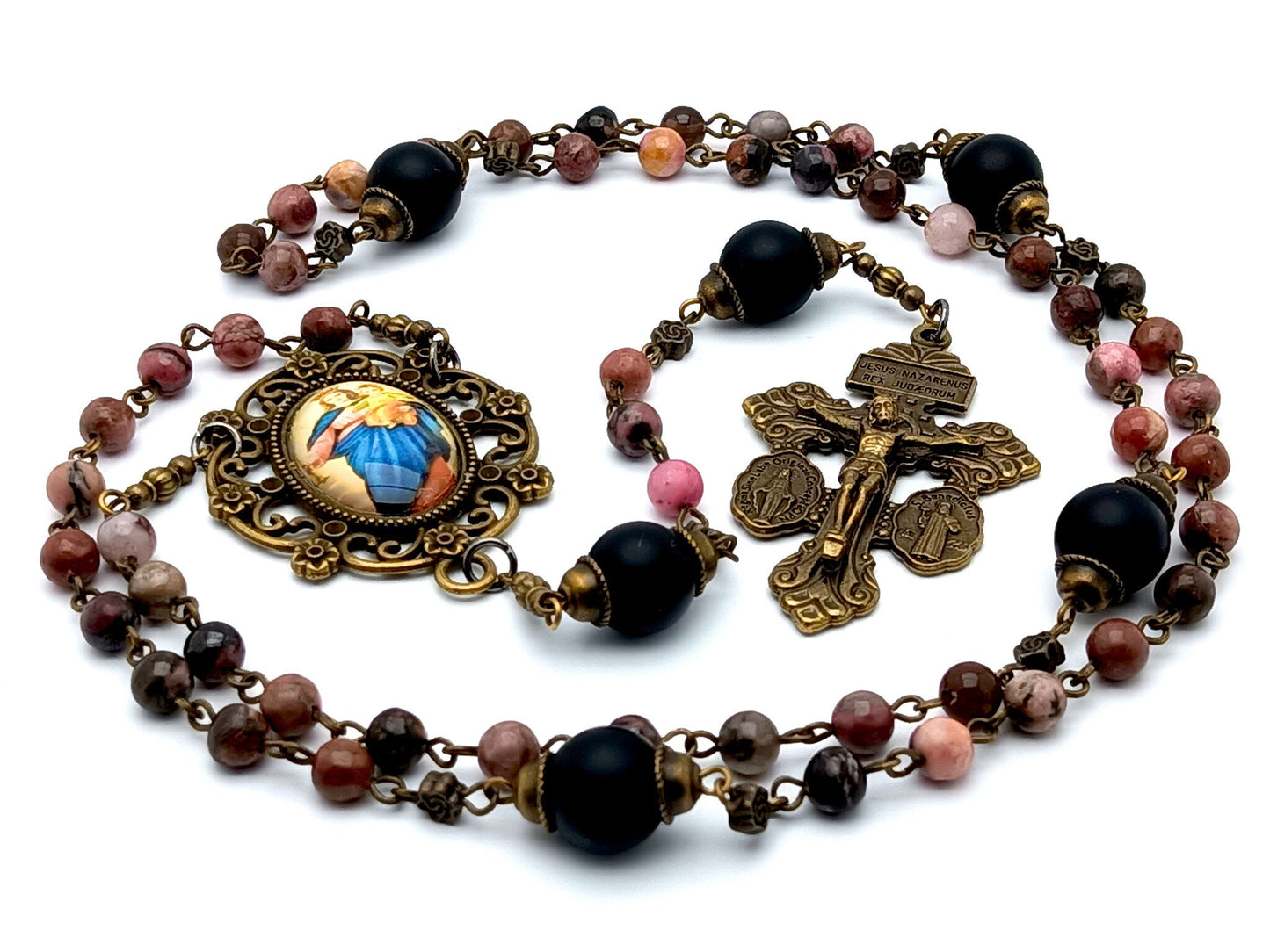 Our Lady help of Christians unique rosary beads with rhodonite and matt onyx gemstone beads, brass pardon crucifix and picture centre medal.