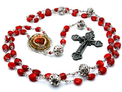 Sacred Heart of Jesus unique rosary beads with red gemstone beads, pewter crucifix and silver picture centre medal.
