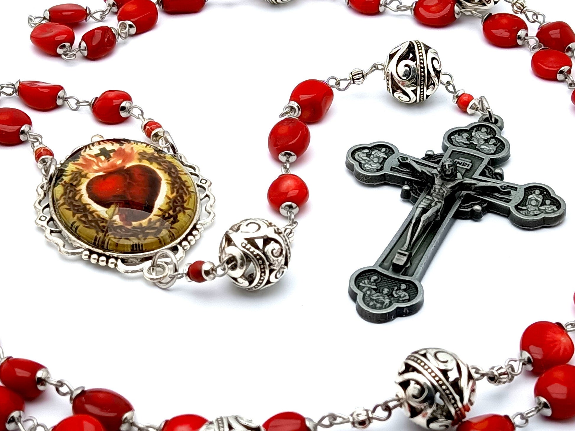 Sacred Heart of Jesus unique rosary beads with red gemstone beads, pewter crucifix and silver picture centre medal.