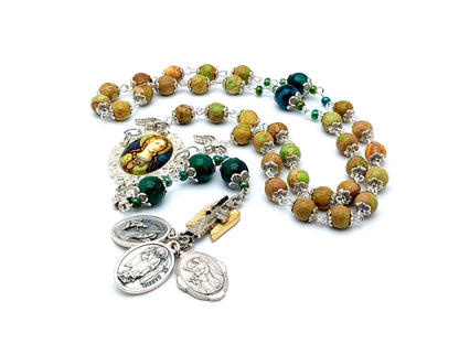 Archangel Gabriel unique rosary beads prayer chaplet with natural gemstone beads, silver picture centre medal and three Angel end medals.