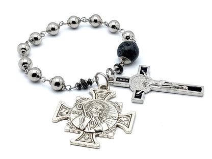 Saint Benedict unique rosary beads single decade rosary with stainless steel and gemstone beads, black enamel crucifix and silver end medal.