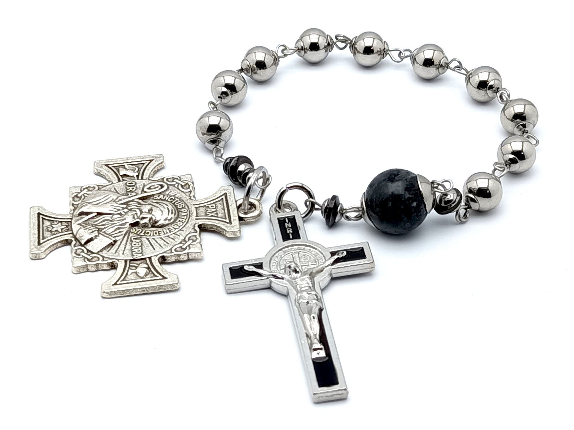 Saint Benedict unique rosary beads single decade rosary with stainless steel and gemstone beads, black enamel crucifix and silver end medal.