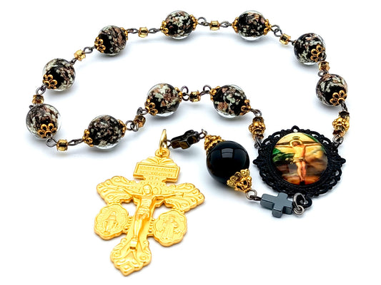 Crucifixion unique rosary beads single decade rosary with black and gold glow in the dark glass beads, golden pardon crucifix and picture centre medal.