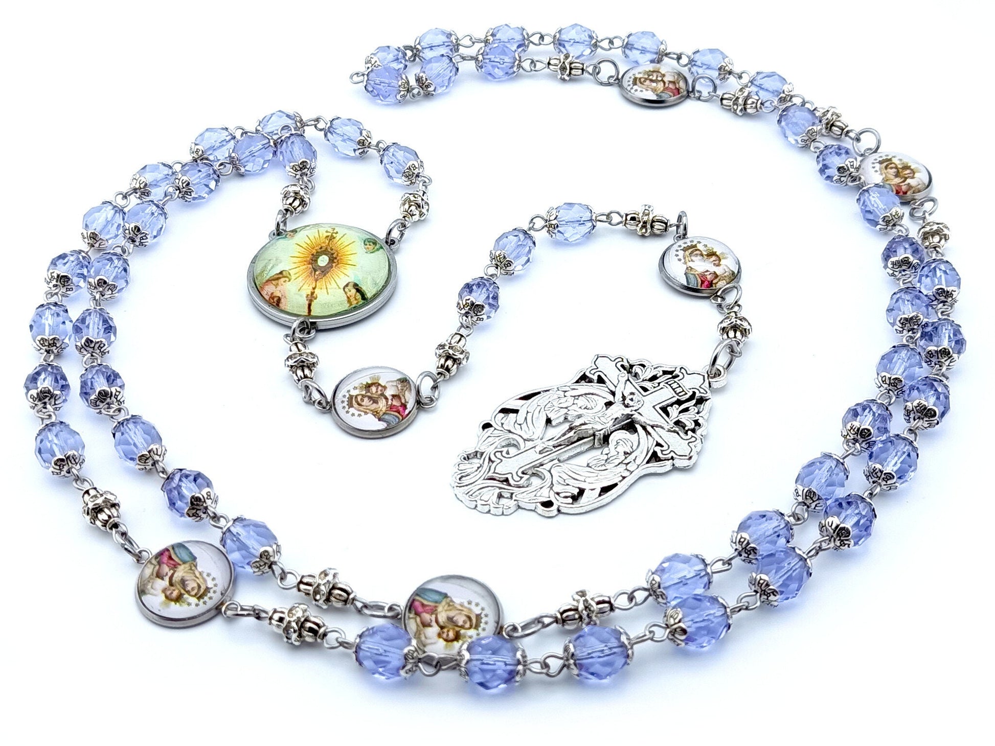 Our Lady of Mount Carmel unique rosary beads with lilac glass faceted beads, stainless steel picture centre medal and crucifix.