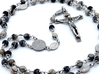 Saint Benedict unique rosary beads with black and grey jasper gemstone beads, stainless steel miraculous medals and centre medal and silver crucifix.