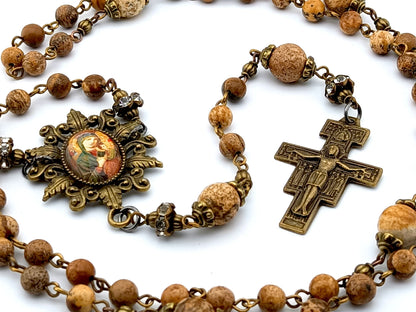 Our Lady of Perpetual Succour unique rosary beads with brown jasper gemstone beads, bronze Saint Francis crucifix and picture centre medal.