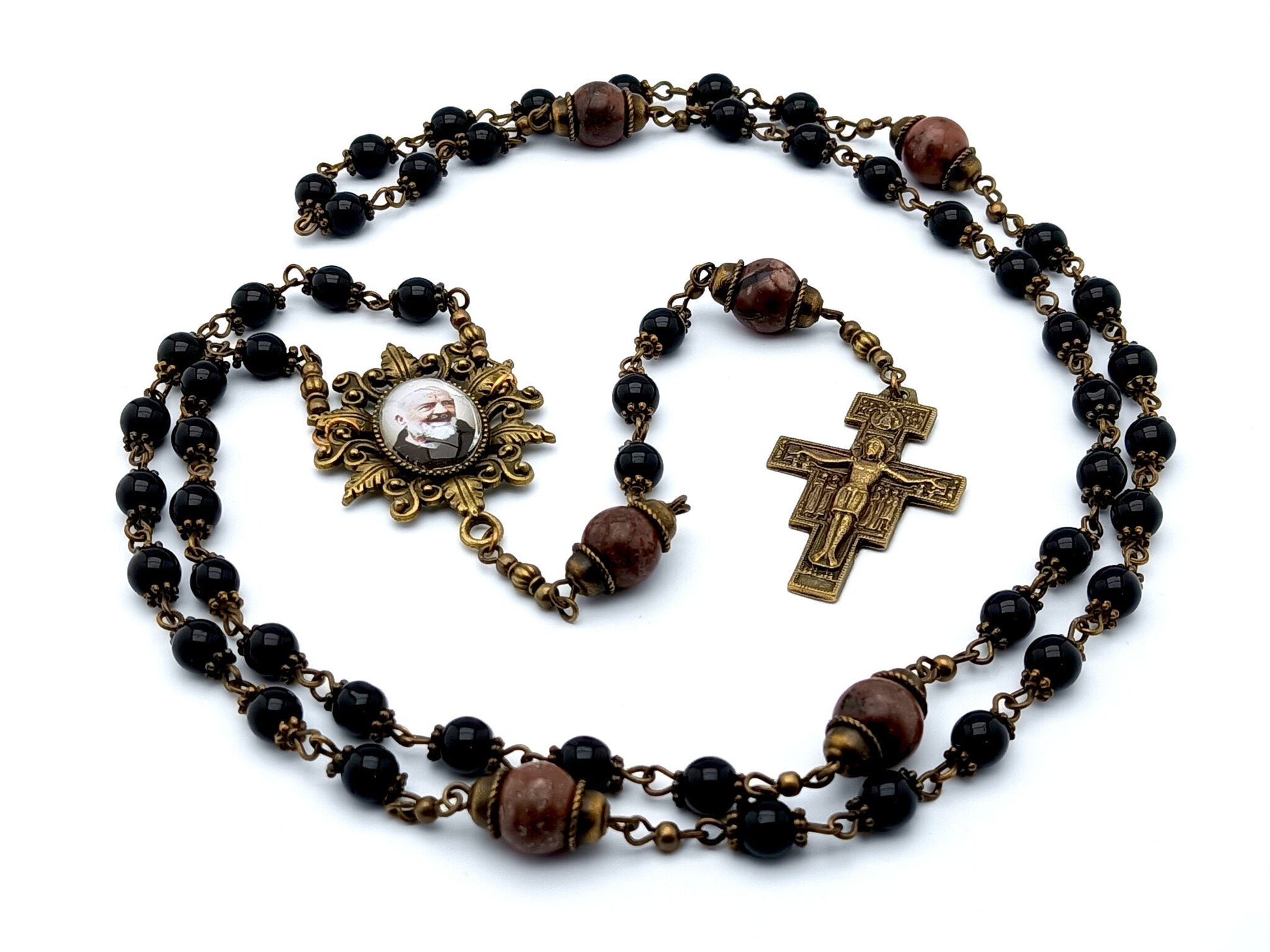 Saint Padre Pio unique rosary beads with black glass and gemstone beads, bronze Saint Francis crucifix, picture centre medal and accessories.