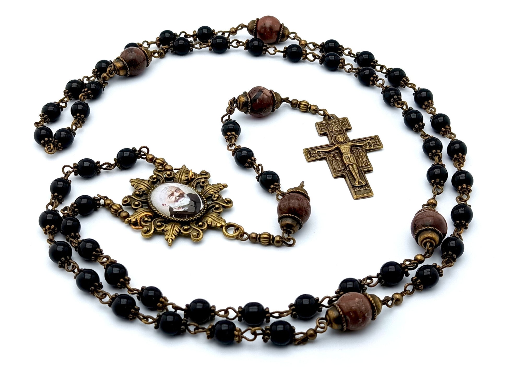 Saint Padre Pio unique rosary beads with black glass and gemstone beads, bronze Saint Francis crucifix, picture centre medal and accessories.