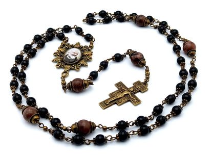 Saint Padre Pio unique rosary beads with black glass and gemstone beads, bronze Saint Francis crucifix, picture centre medal and accessories.
