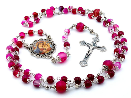 Our Lady of Perpetual Succour unique rosary beads with pink agate gemstone beads, silver crucifix, picture centre medal and accessories.