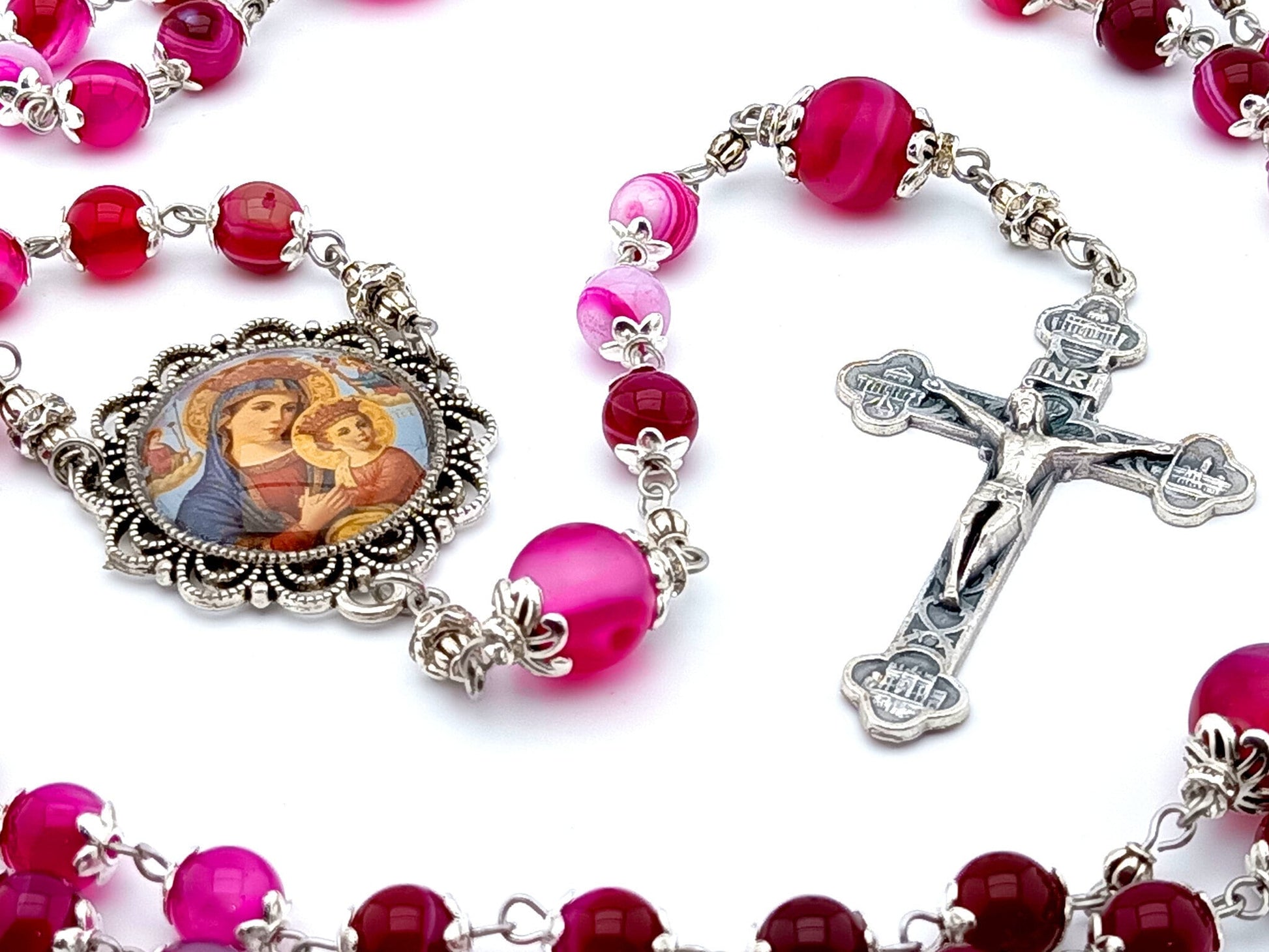 Our Lady of Perpetual Succour unique rosary beads with pink agate gemstone beads, silver crucifix, picture centre medal and accessories.