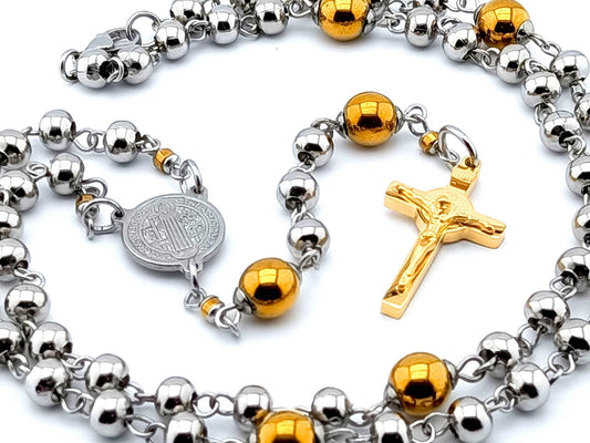 Saint Benedict unique rosary beads with stainless steel and gold plated hematite beads, stainless steel centre medal and gold plated crucifix.