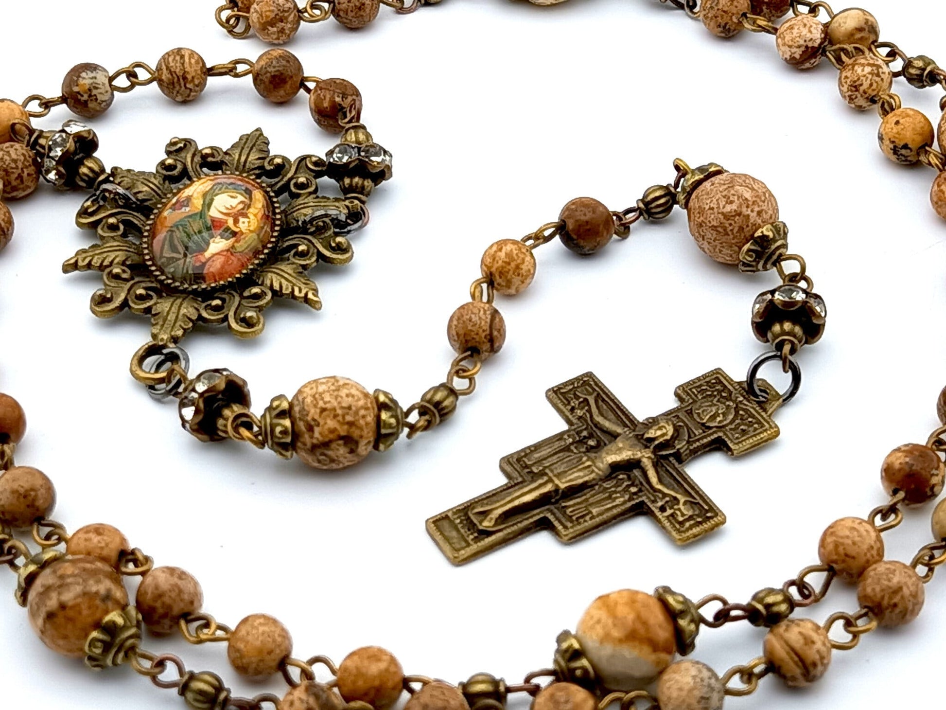 Our Lady of Perpetual Succour unique rosary beads with brown jasper gemstone beads, bronze Saint Francis crucifix and picture centre medal.