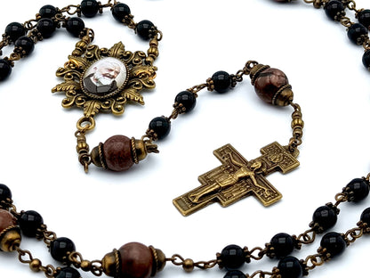 Saint Padre Pio unique rosary beads with black glass and gemstone beads, bronze Saint Francis crucifix, picture centre medal and accessories.