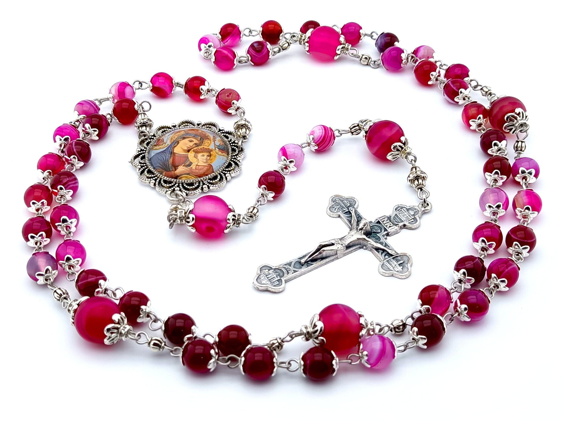 Our Lady of Perpetual Succour unique rosary beads with pink agate gemstone beads, silver crucifix, picture centre medal and accessories.