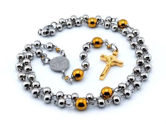 Saint Benedict unique rosary beads with stainless steel and gold plated hematite beads, stainless steel centre medal and gold plated crucifix.