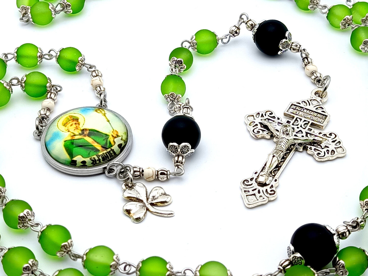 Saint Patrick unique rosary beads with green glass and matt black onyx beads, silver pardon crucifix and picture centre medal and shamrock.