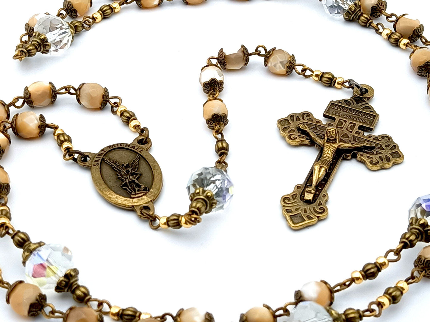 Saint Michael unique rosary beads prayer chaplet with mother of pearl and crystal beads, bronze pardon crucifix and centre medal.