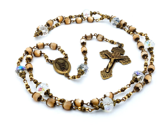 Saint Michael unique rosary beads prayer chaplet with mother of pearl and crystal beads, bronze pardon crucifix and centre medal.