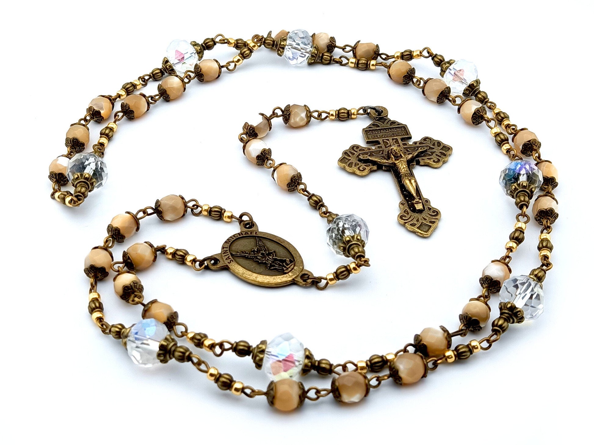 Saint Michael unique rosary beads prayer chaplet with mother of pearl and crystal beads, bronze pardon crucifix and centre medal.