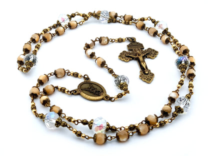 Saint Michael unique rosary beads prayer chaplet with mother of pearl and crystal beads, bronze pardon crucifix and centre medal.