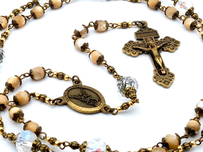 Saint Michael unique rosary beads prayer chaplet with mother of pearl and crystal beads, bronze pardon crucifix and centre medal.