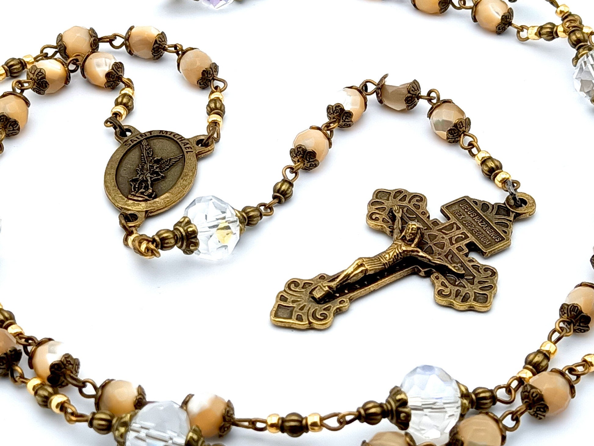 Saint Michael unique rosary beads prayer chaplet with mother of pearl and crystal beads, bronze pardon crucifix and centre medal.