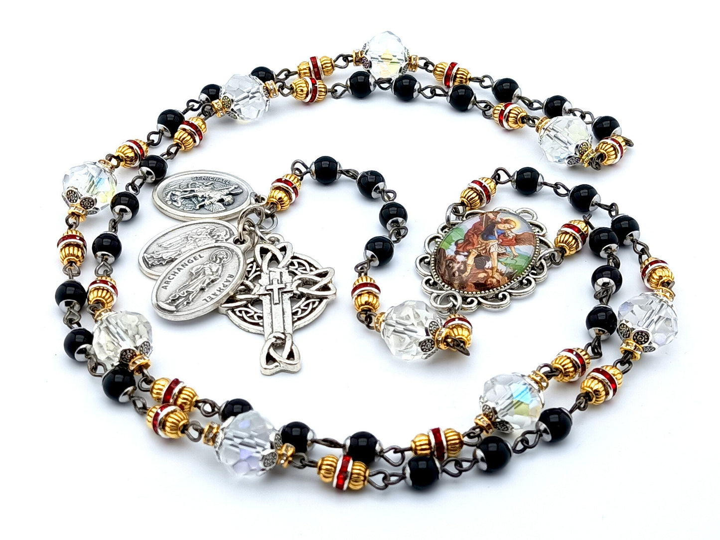 Saint Michael unique rosary beads prayer chaplet with black and clear glass beads, silver angel medals and picture centre medal and crucifix.