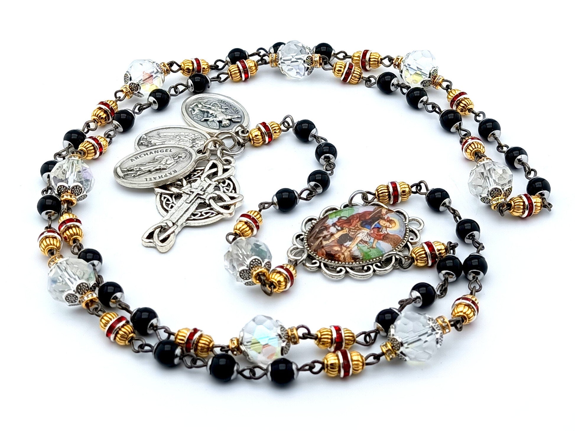 Saint Michael unique rosary beads prayer chaplet with black and clear glass beads, silver angel medals and picture centre medal and crucifix.