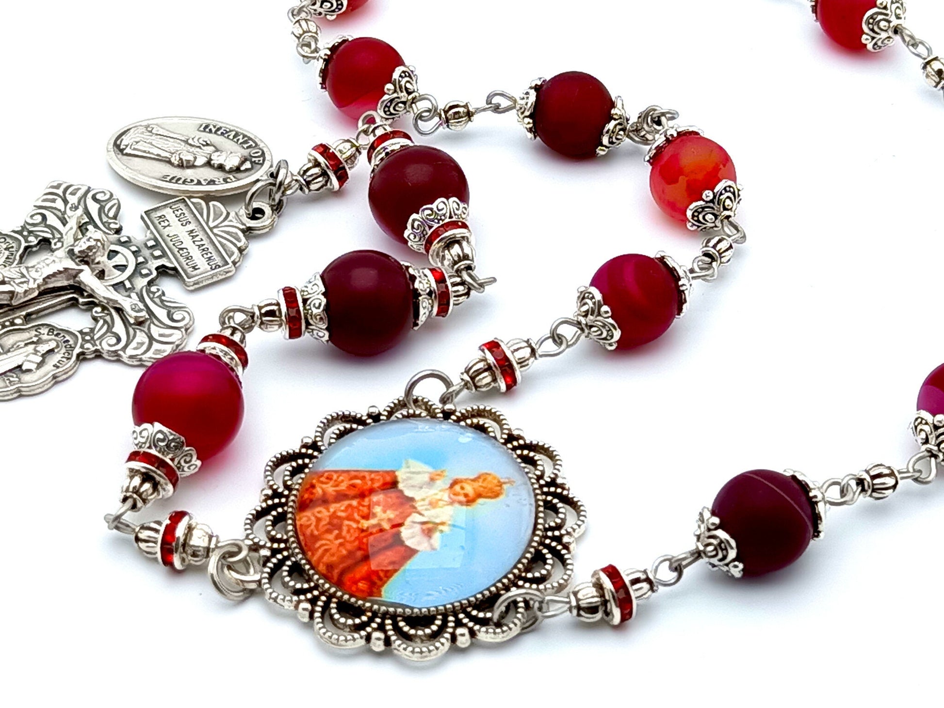Infant of Prague unique rosary beads prayer chaplet with red agate gemstone beads, silver pardon crucifix and centre picture medal.