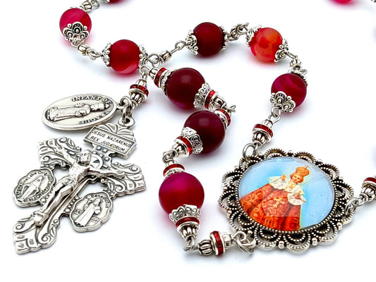 Infant of Prague unique rosary beads prayer chaplet with red agate gemstone beads, silver pardon crucifix and centre picture medal.
