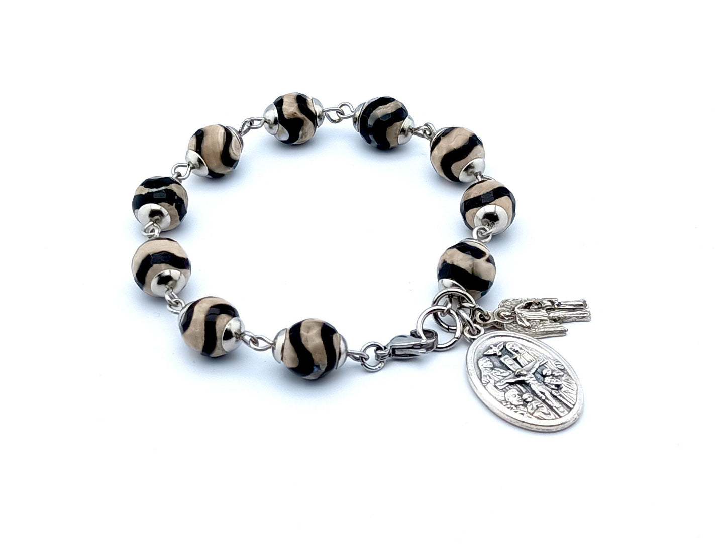 Holy Trinity unique rosary beads single decade rosary bracelet with striped gemstone beads, stainless steel clasp and silver medals.