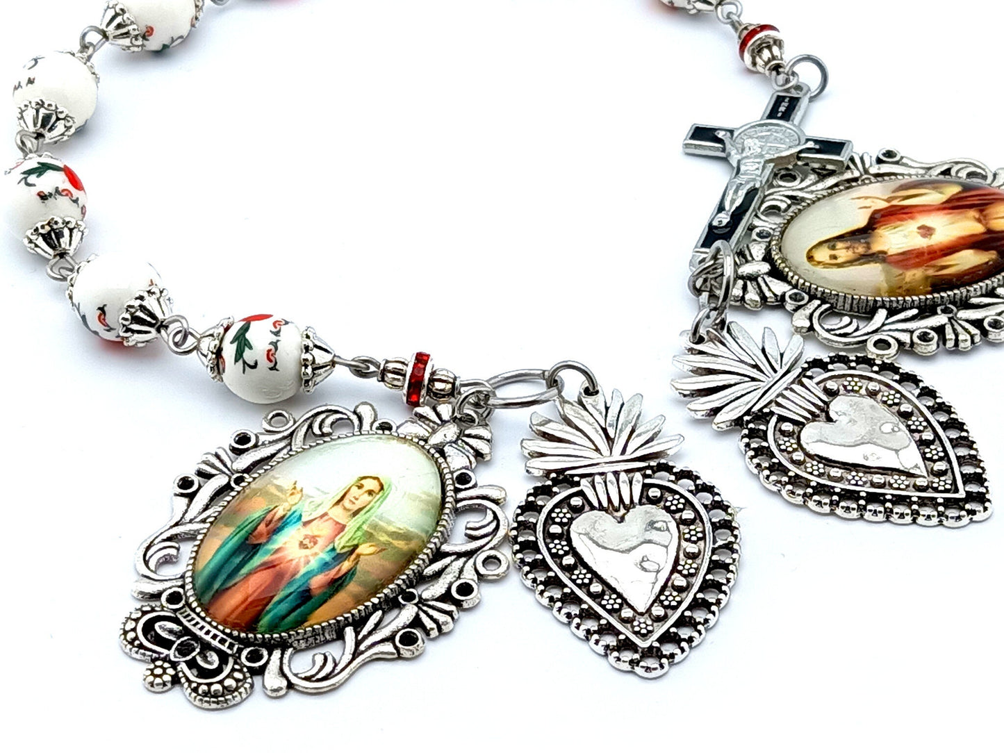 Sacred Heart of Jesus and Immaculate Heart of Mary unique rosary beads prayer chaplet with porcleain beads, silver heart medals and large picture medal.