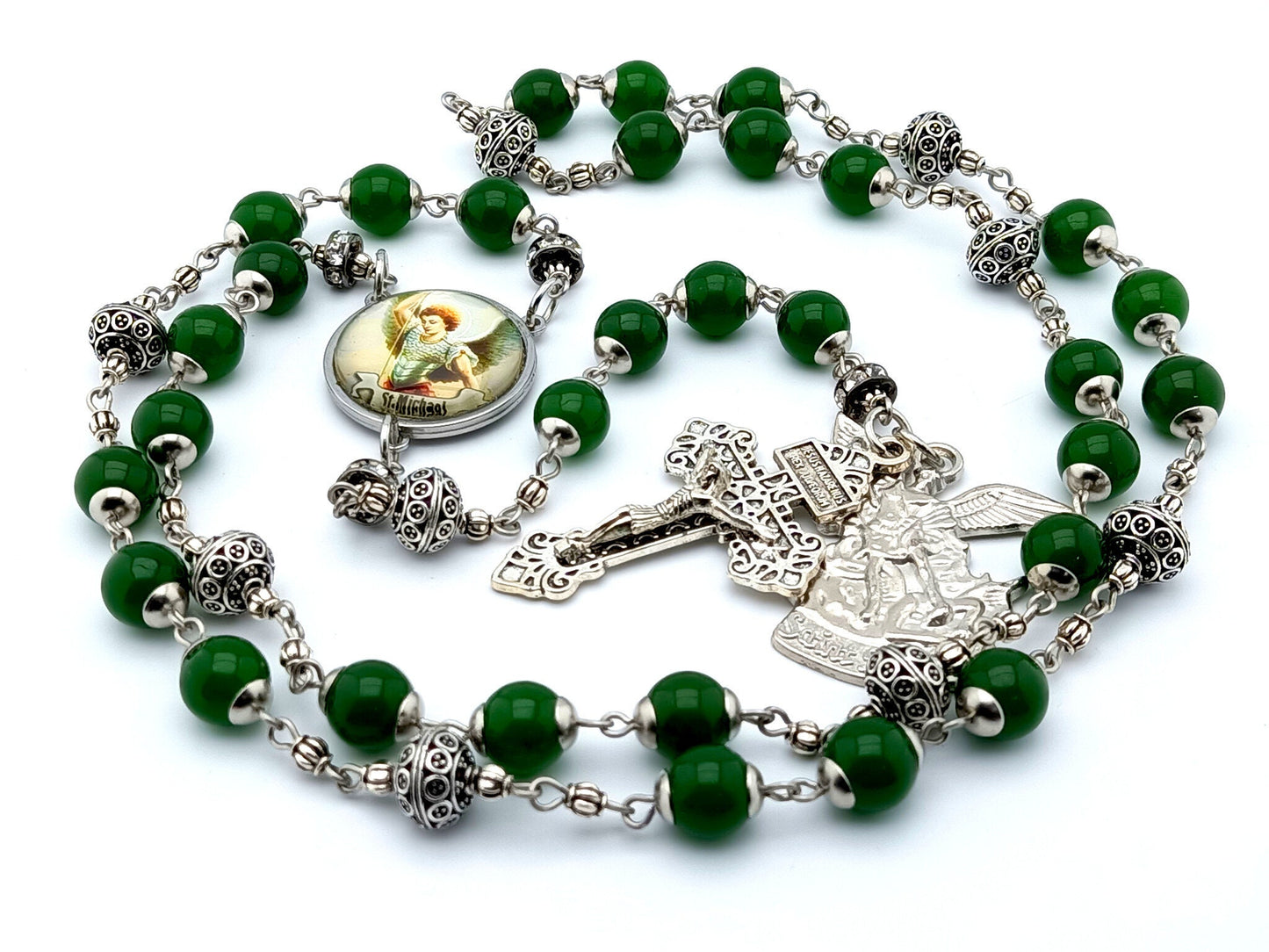 Saint Michael unique rosary beads prayer chaplet with green gemstone and silver beads, silver pardon crucifix and picture centre medal.