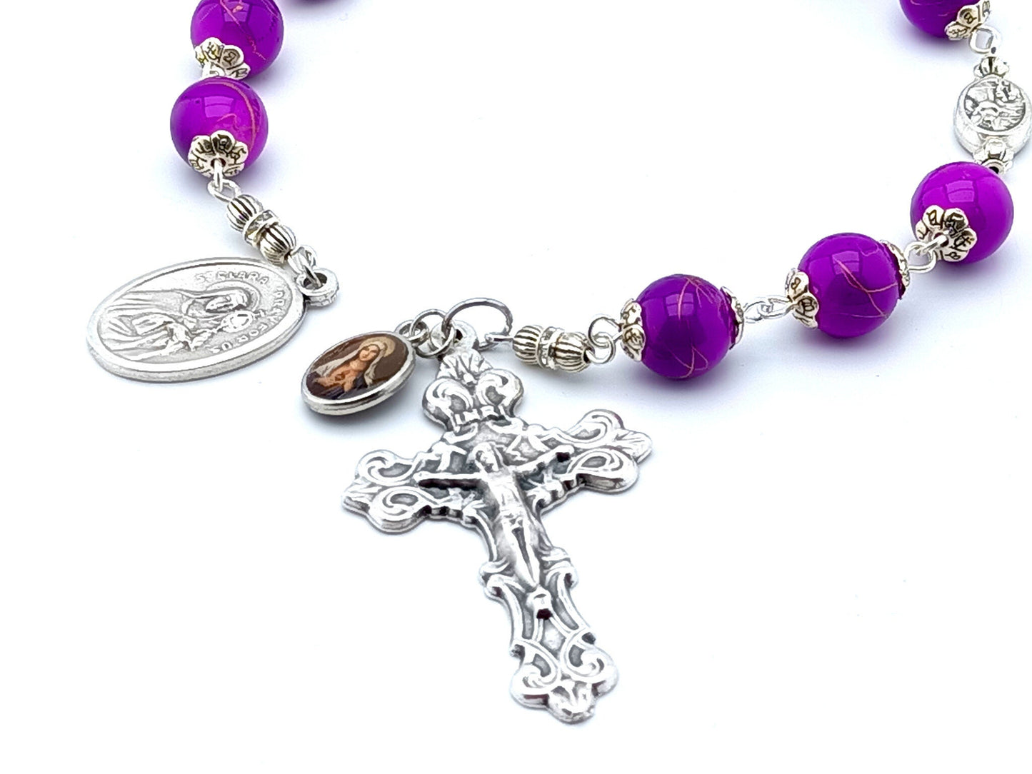 Saint Clare unique rosary beads prayer chaplet with purple gemstone beads, silver crucifix and end medal.