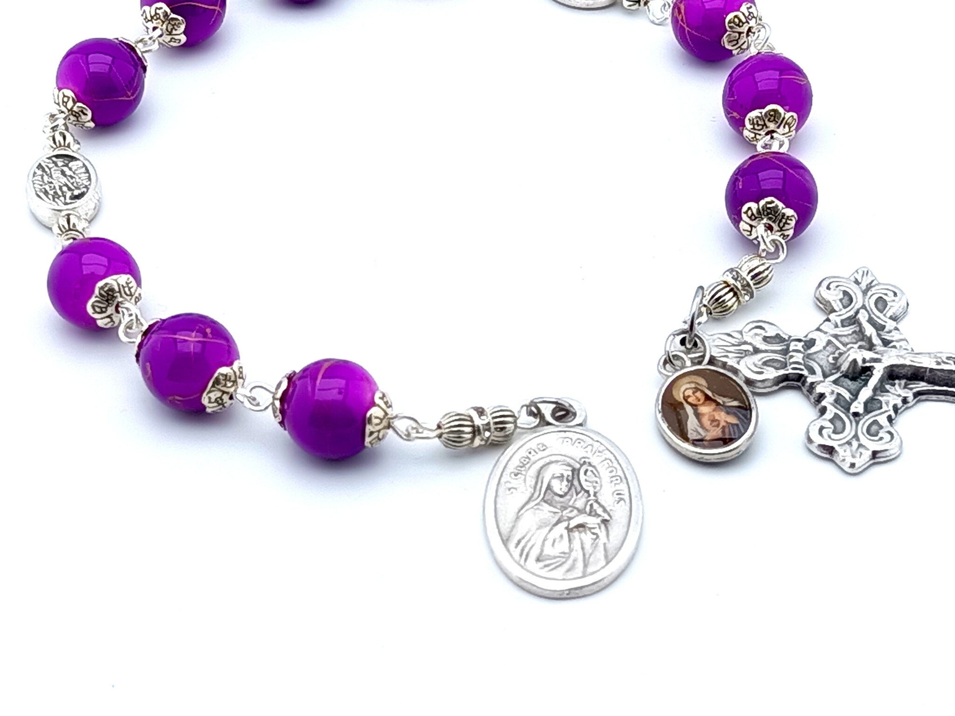 Saint Clare unique rosary beads prayer chaplet with purple gemstone beads, silver crucifix and end medal.